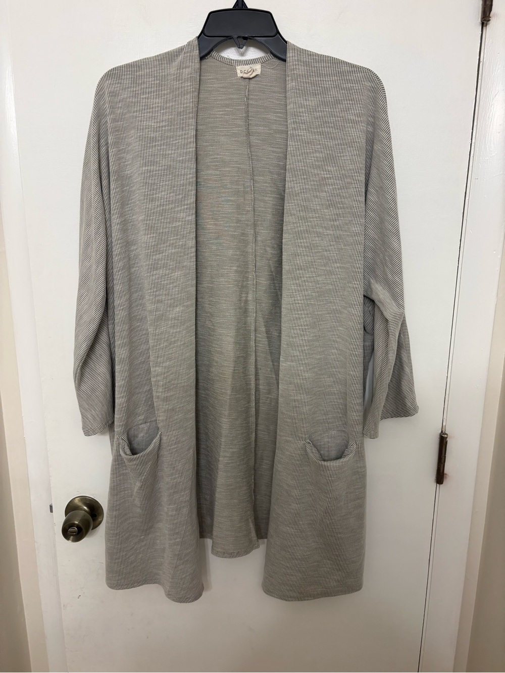 DONNI Anthro Sandwash Ribbed Open Front Cardigan Gray Striped Pockets OSFA